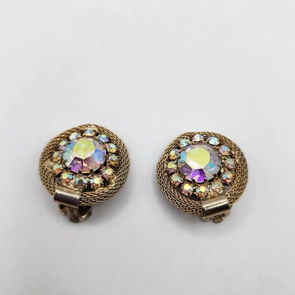 Vintage Weiss Mesh Rhinestone Earrings Aurora Borealis Gold Tone - Picture 6 of 7